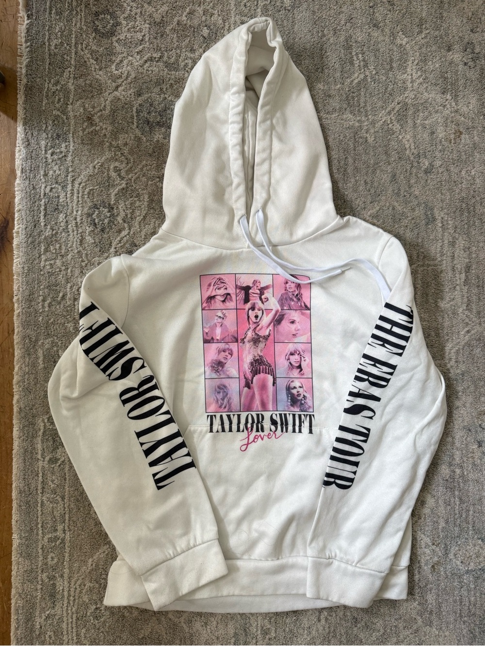 Taylor Swift The Eras Tour Girl’s White Hoodie with Pink Photo Collage - Medium
